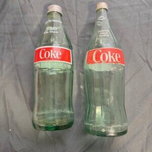 Set of 2 Vintage/Rare Coke Bottles 33.8 fl oz and 32 fl oz Green Glass with Caps